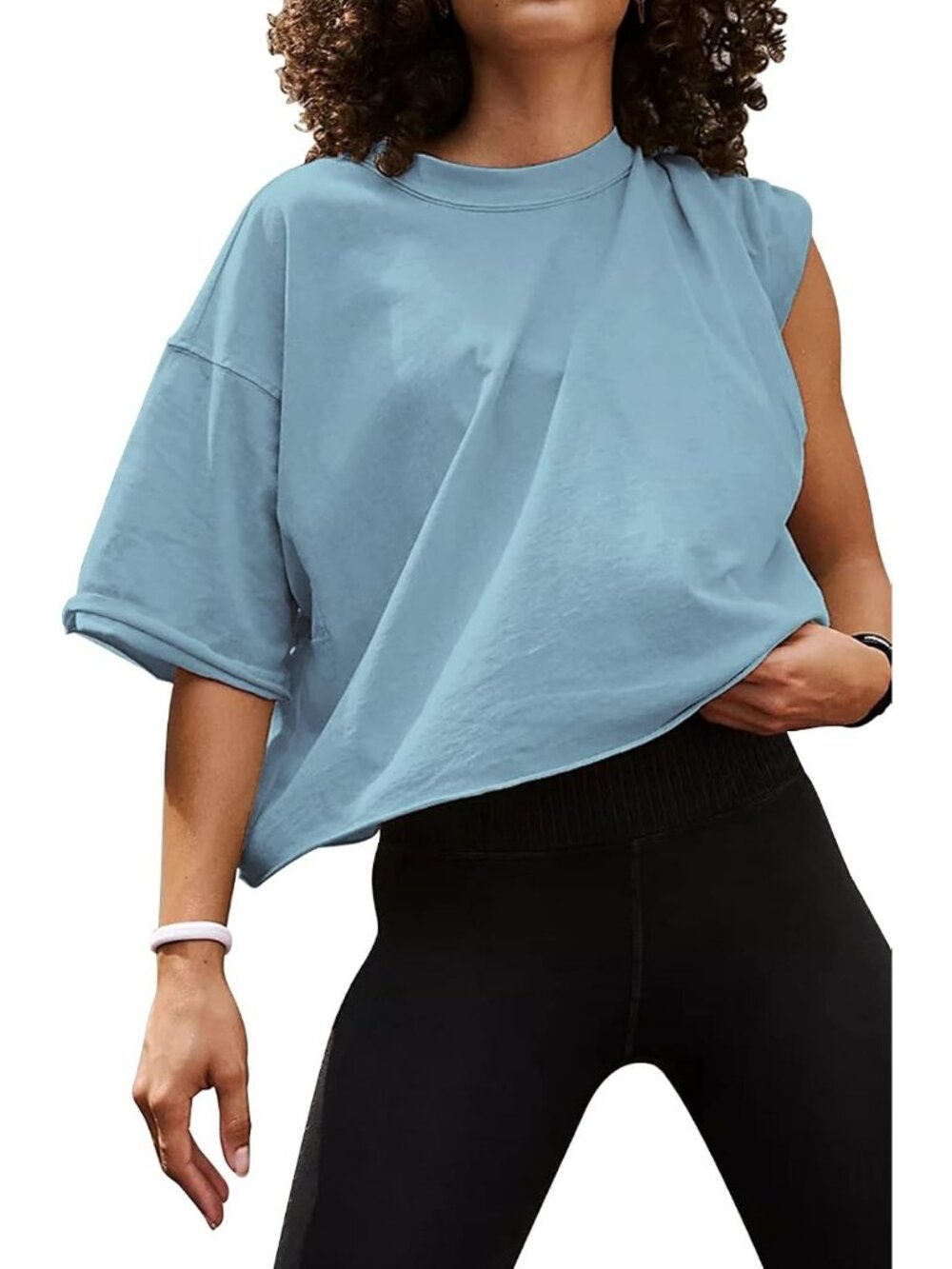 Women's Sky Blue Crew Neck Short Sleeve Crop Tops Casual Basic Tees Shirts